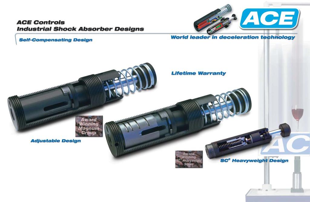 ACE Controls self-compensating shock absorbers are fixed, multi-orifice units that decelerate moving weights smoothly regardless of changing conditions, and require no adjustment.