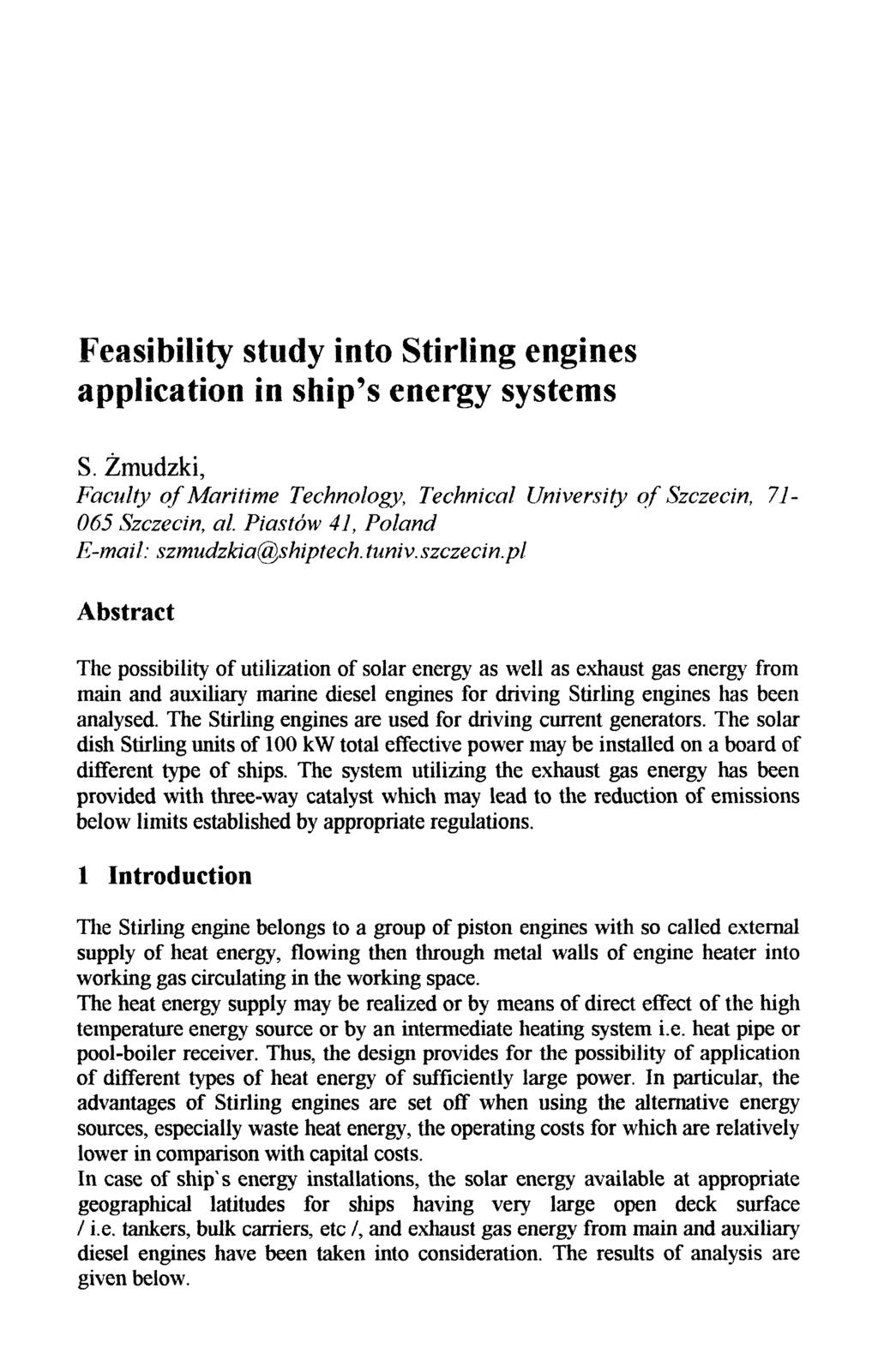 Feasibility study into Stirling engines application in ship's energy systems S.