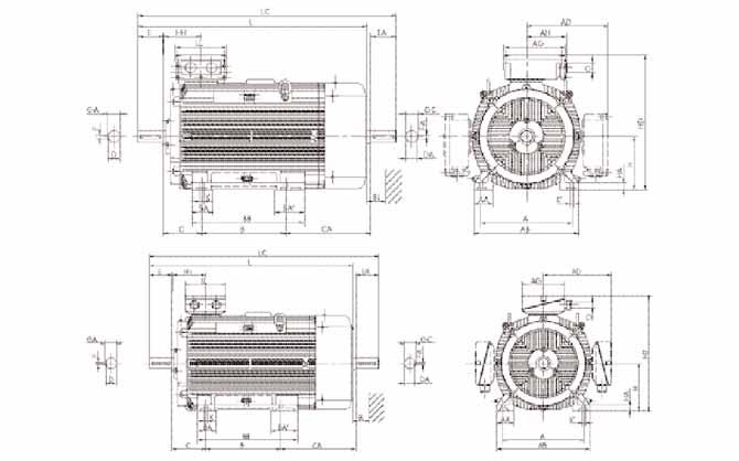 Dimensions Dimensions Three-phase motors with squirrel-cage rotor, basic version Three-phase motors with squirrel-cage rotor, basic version Size 315 with surface ventilation, cooling method IC 411,