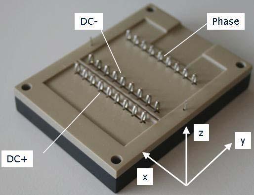 Instead of using one single point, several connections as wide as possible to the outside were made. On the left side the IGBT s and diodes of the upper switch, on the right side the lower switch.