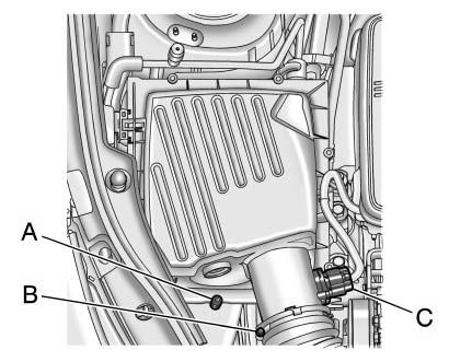 If the filter remains caked with dirt, a new filter is required. To inspect or replace the engine air cleaner/filter: 2.0 L L4 Engine 1. Open the hood. See Hood on page 10 5. A.