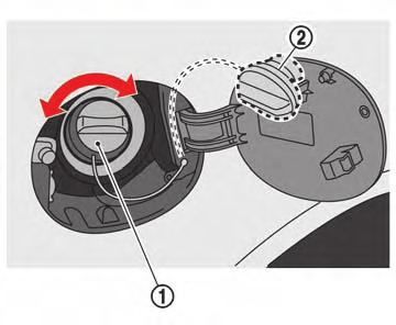 Turn the cap *1 slowly counterclockwise to remove it. During refueling, place the cap on the inside of the door *2. CLOSING THE FUEL-FILLER DOOR 1.