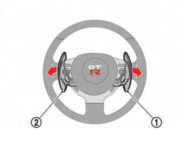 Changing gears using paddle shifters: To shift up, pull the paddle shifter on the right side *1 toward you. To shift down, pull the paddle shifter on the left side *2 toward you.