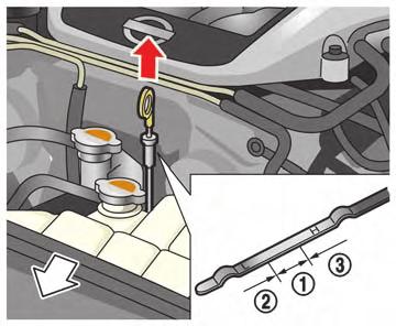 ENGINE OIL CHECKING ENGINE OIL LEVEL 1. Park the vehicle on a level surface and apply the parking brake. 2. Run the engine until it reaches operating temperature. 3. Turn off the engine.