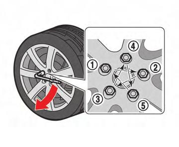 8. With the wheel nut wrench, tighten wheel nuts alternately and evenly in the sequence as illustrated (*1, *2, *3, *4, *5 ) until they are tight. 9.