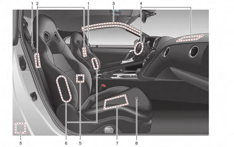 SEATS, SEAT BELTS AND SUPPLEMENTAL RESTRAINT SYSTEM (SRS) FRONT 1. Seat belt (Page 1-6) 2. Rear seat walk-in lever (P.1-5) 3. Roof-mounted curtain side-impact supplemental air bag system (P.1-32) 4.