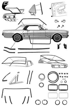 bumpers, (1)*basic repaint seal kit (#64-18500). Coupe kit also includes: roofrail seals, rear window seal, 1/4 vertical seals, 1/4 to body U-seals.