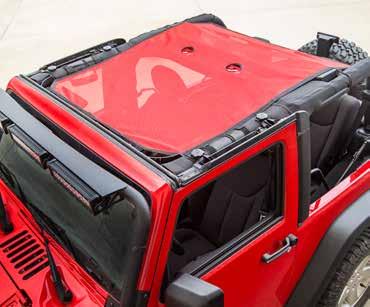 With mesh construction, this sun shade is held between the windshield and the rear crossbar eliminating the need for a header channel.