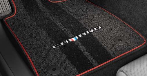 PREMIUM CARPETED FLOOR MATS IN JET BLACK WITH CAMARO LOGO (FRONT AND REAR) Shown with Torch Red