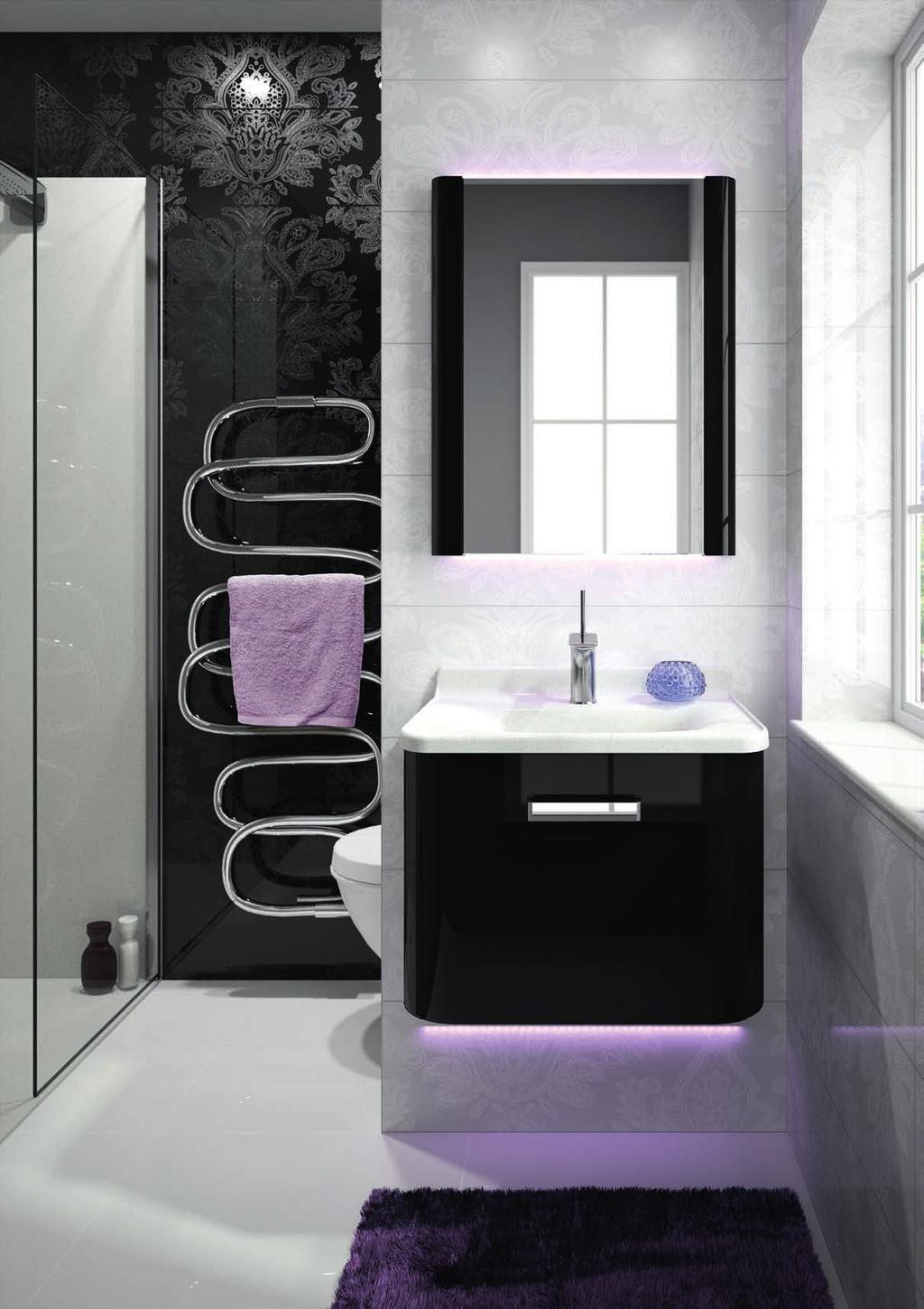 GLAMOUR Designed in collaboration with Mathilde Bretillot GLAMOUR11 basin unit F50 Gloss Black, SMO234 Blizzard Galaxy Gloss basin with upstand,
