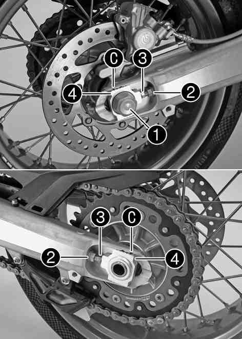 11 SERVICE WORK ON THE CHASSIS 80 Main work Loosen nut1. Loosen nuts2. Adjust the chain tension by turning adjusting screws3on the left and right. Guideline Chain tension 5 mm (0.