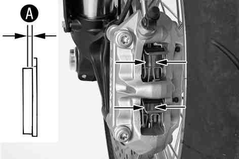 12 BRAKE SYSTEM 90 601895-10 Check the brake linings for minimum thicknessa. Minimum thicknessa» If the minimum thickness is less than specified: Change the front brake linings.
