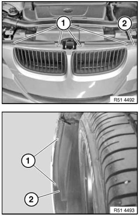 20. Remove front bumper cover per the following steps: Release the screws (1) on the top of the bumper cover (2). See figure 25. Fig: 25 Release the screws (1) on the fender liner (2).