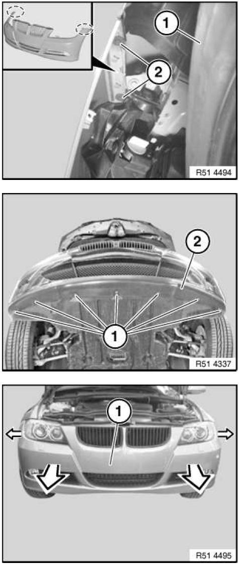 See figure 27. Fig: 27 Release the screws (1) on the bottom of the bumper cover (2). See figure 28. Fig: 28 Separate the bumper cover at the sides and pull forward slightly.