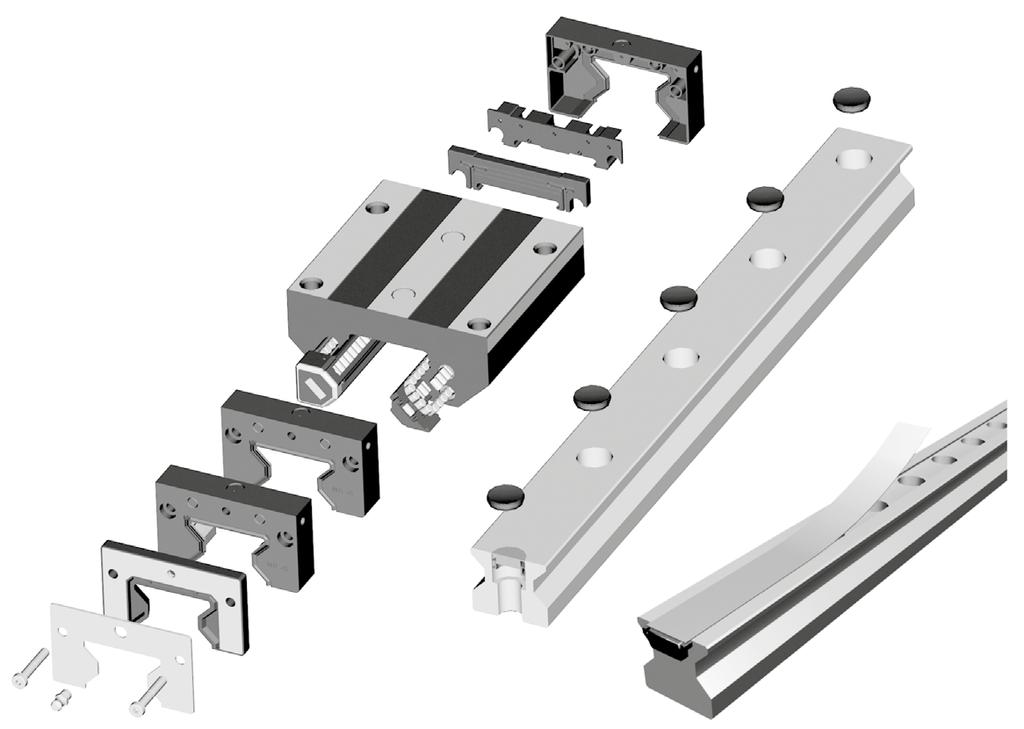 500 Series Roller rofile Rail Linear Guide Modular Design Exploded View Standard end cap assembly for easy field modification with lubrication channels lastic plug (532H) Standard end cap (532EC)