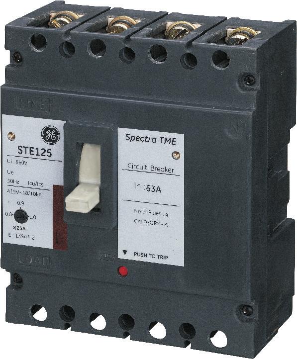 GE introduces Spectra TME125, a thermal magnetic MCCB in 3 / 4 pole for overload and short circuit protection. Spectra TME125 has been tested for breaking capacities upto 25kA at 415VAC.