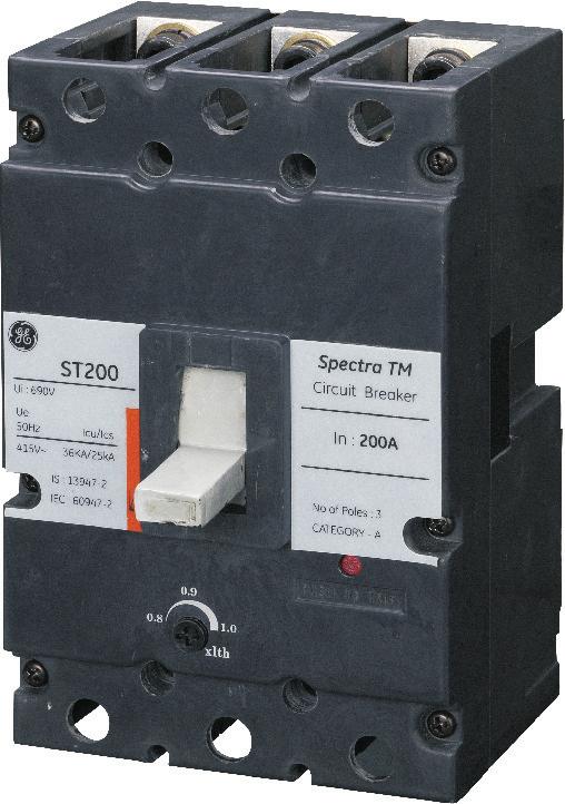GE introduces Spectra TM200, a thermal magnetic MCCB in 3 / 4 pole for overload and short circuit protection. Spectra TM200 has been tested for breaking capacities upto 36kA at 415VAC.