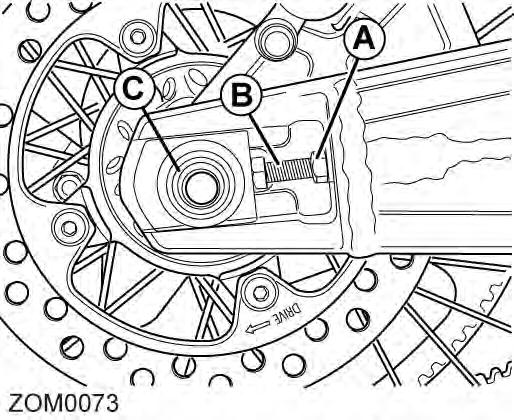 General Maintenance Drive Belt Adjustment Procedure 1. Remove key from the key switch. 2. Loosen the rear axle nut (C). 3. Loosen left and right (A) jam nuts (13mm) in order to make adjustments. 4.