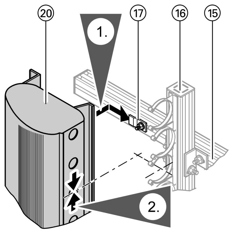 Installation on walls (cont.) 1. Position the connecting chamber onto the mounting rails and click into the retaining plate. 2.