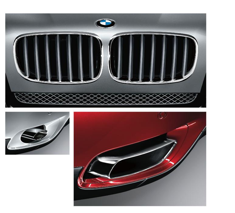 Standard equipment Optional equipment Front ornamental grille with titanium-coloured slats in the kidney grille and chrome surround (standard on the X6 xdrive50i and X6 xdrive35d).
