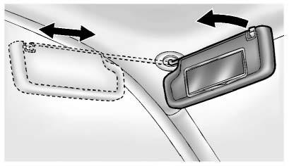 Keys, Doors, and Windows 2-19 Sun Visors Pull the sun visor down to block glare. If equipped, detach the sun visor from the center mount to pivot to the side window or to extend along the rod.
