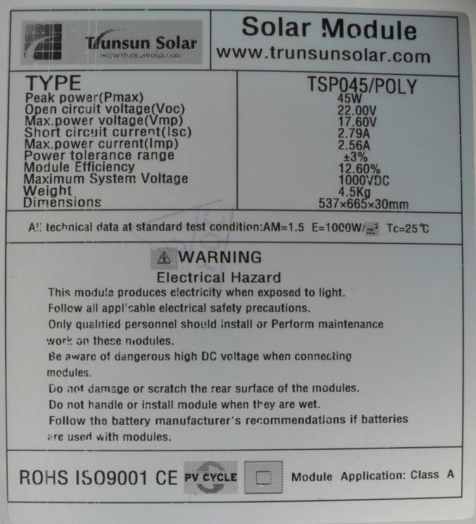 The maximum output a solar panel can provide.. Specifications of solar panels. Specifications are listed on a solar panel.