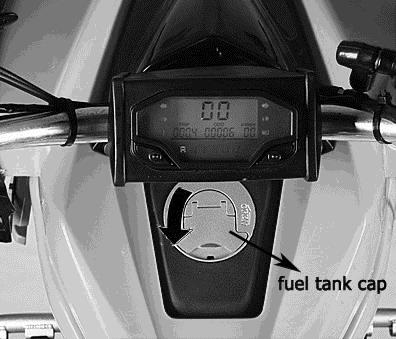Fuel tank cap Remove the fuel tank cap by turning it counterclockwise as the cambered arrow of below picture showing.