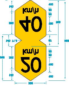 The minimum dimensions are shown. Display of values in kilometres per hour: Yellow background. Black lettering and digits. Better than Class 1 retroreflectivity shall be applied.