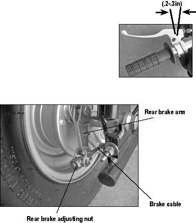 ADJUSTMENT OF REAR BRAKE 1. The front brake hand grip should have free operating movement of 5-7mm (.2-.3in). 2.
