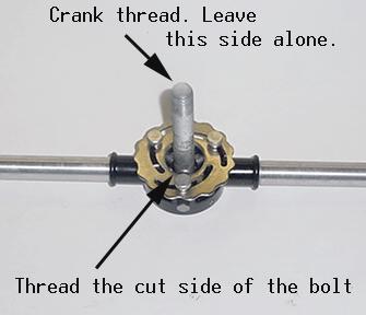 Step five: Using the die that matches the adapter threads, cut one inch of threads onto the cut part of the bolt. This gives you the crankshaft threads (M16, 2mm thread pitch) on one side of the bolt.