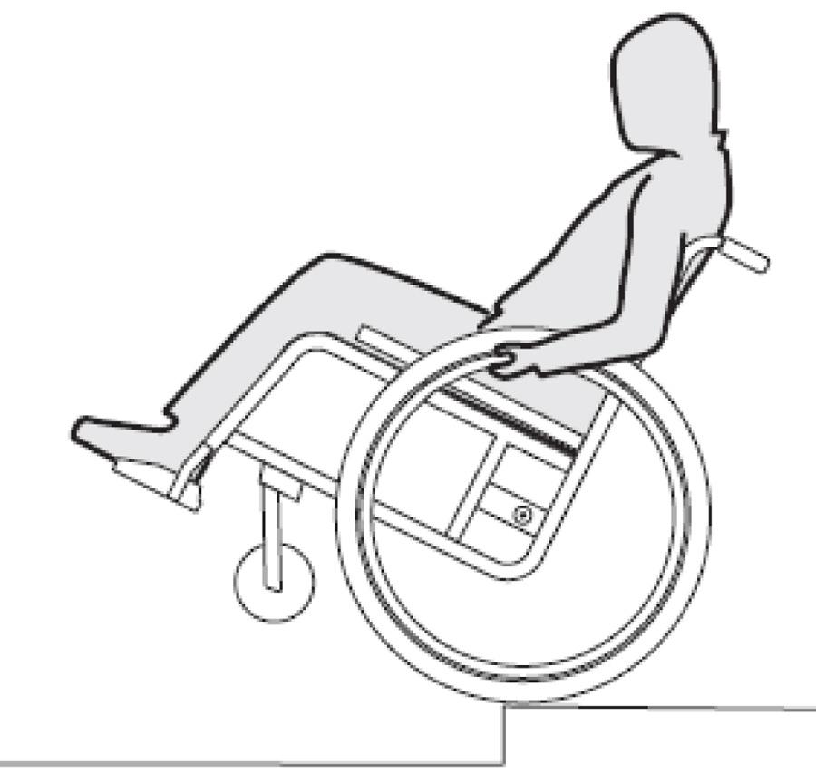 8.2.10 Moving with Assistance Caregivers should read the Caregiver section of this manual. 1 - Going up a curb or step Place yourself behind the wheelchair.