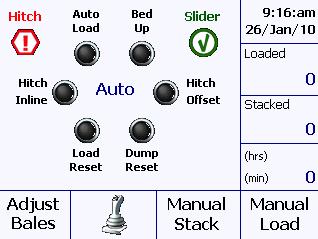 Operation Automatic Mode - Continued Operating the Machine in Automatic Mode HITCH INDICATOR POWER SLIDE INDICATOR JOYSTICK INDICATOR 1. Setting up the stacker to load bales. A. Check if the loader is up.