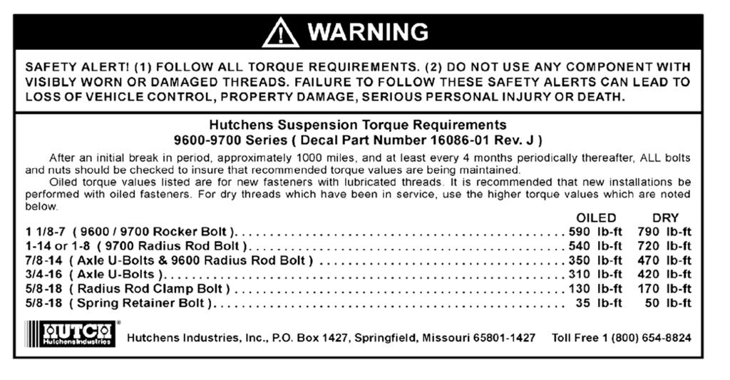 Maintenance General Maintenance General Check Lug nuts should be tightened to 450-500 ft-lbs. Bolts in axle suspension system should be tightened to the values on decal 10774 shown below.