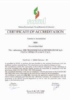 Laboratory Complies with UNI CEI EN ISO/IEC 17025 Standards, accredited