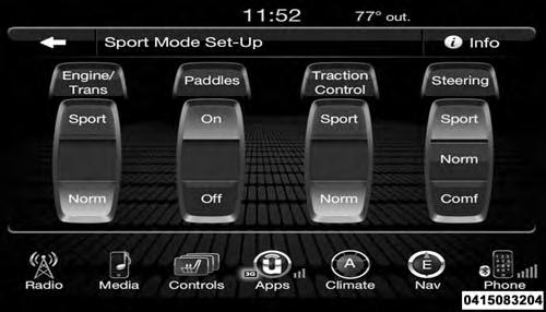 Sport Mode UNDERSTANDING YOUR INSTRUMENT PANEL 27 Any of these four settings may be changed to the driver s preferences by pressing the buttons on the touchscreen.