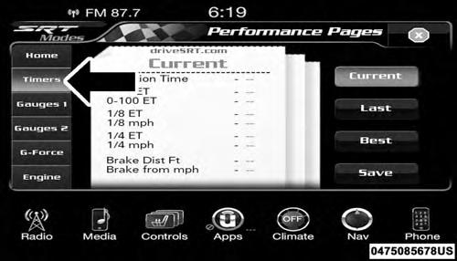 40 UNDERSTANDING YOUR INSTRUMENT PANEL Timers SRT Performance Pages Timers When the Timers Page is selected you will be able to select from following Tickets : Current Pressing the Current button