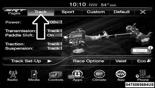 The SRT Drive Modes main screen displays the current drive mode and real-time status of the vehicle s performance configuration.
