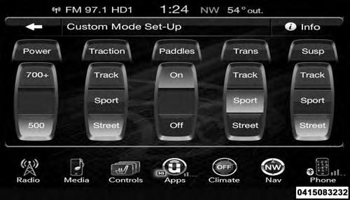 SPORT MODE This mode is a predefined configuration optimized for typical enthusiast driving. The ABS, Transmission, Steering, and Suspension systems are all set to their SPORT settings.