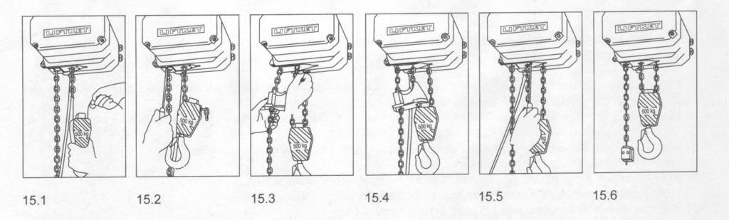 15.1 15.2 15.3 15.4 15.5 15.6 figure 15: fitting the load chain in double fall version 3.1.9 Replacing the load chain and hold down 3 2 1 The chain guide and the hold down must also be changed when load chain is being replaced.