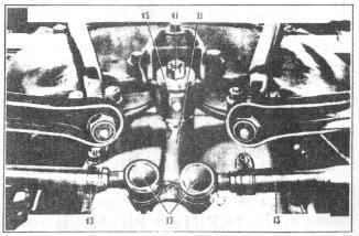 CENTER STEERING ARM FIGURE 15 2. Remove tie rod cotter pin and castellated nut and rubber dust cover, and remove the tie rod using tool T-2781, Figure 15. 3. Remove steering arm using tool J-1372.