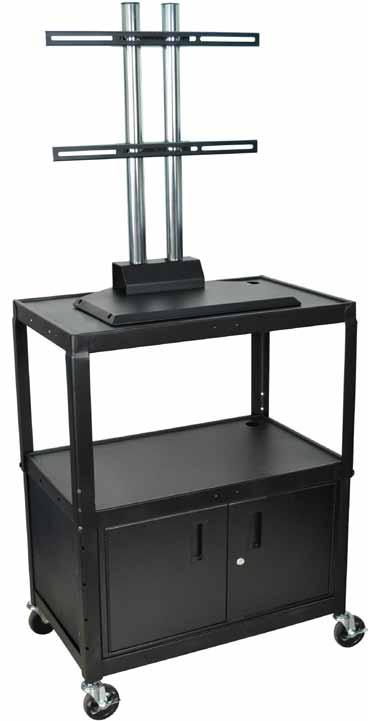 Large Adjustable Height Steel A/V Cart AVJ-LCD Series Features: Cable access holes Holds up to a 42 flat panel display Height adjusts from 24-42 in 2 increments Roll formed shelves with powder coat