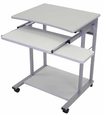 as printer or CPU shelf Heavy-duty gray wood laminate surface 3 casters, two with locking brake keyboard shelf measures 27 wide