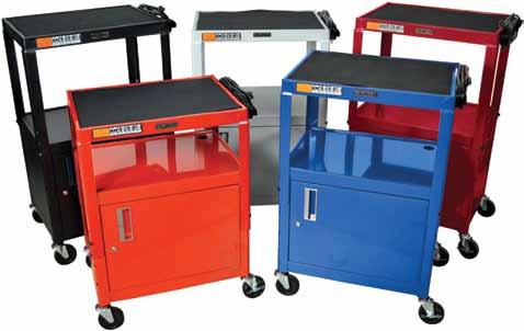 Adjustable Height A/V Carts Available in 5 Colors: Features: Roll formed shelves with powder coat paint finish Cable pass through holes in top and middle shelf 4 ball bearing casters, two with