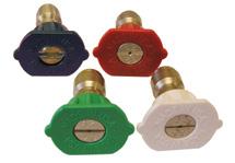 NOZZLES Legacy 4/pk and 5/pk Color-Coded QC Nozzle Kits 1/4" Quick Coupler Nozzle Kits Hardened stainless-steel one-piece body for long life High-impact, uniform, flat-spray pattern Color-coded by