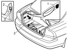 Place the left-hand side panel to one side. A new panel is in the kit Pull the tailgate sill trim panel (2) forwards on the right and left-hand sides until the clips on each side release.