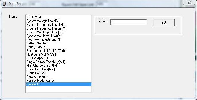 At the window of Data Set, select Work Mode with Parallel for the Value, then select Set as shown in the figure below. If the UPS beeps it means the setting is correct.