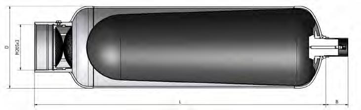 Low Pressure Bladder Accumulator Effective Gas vol. Litres Design P bar Max Weight kg L (mm) ød max (mm) C Or Fluid side* EBV 100.
