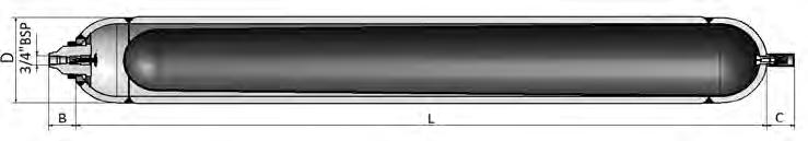 High Pressure Bladder Accumulators Effective Gas vol. Litres Design P bar Weight kg L (mm) D (mm) B (G2 ) B (3/4 BSP) C EHV 10.110/90 10.3 110 48 405 226 EHV 12.110/90 13.1 110 59 504 226 EHV 20.