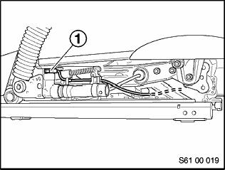 9. Push forward on the insulating tube (1) and secure it to the seat harness by means of a fabric tape (2). 10. Install front seat. 11. Connect seat wiring harness connectors. 12.