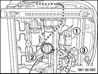 6. Route the seat section of the new harness (1) thorough the seat frame, securing it with three wire ties (2) in loops underneath the seat upholstery (as shown on the illustration).